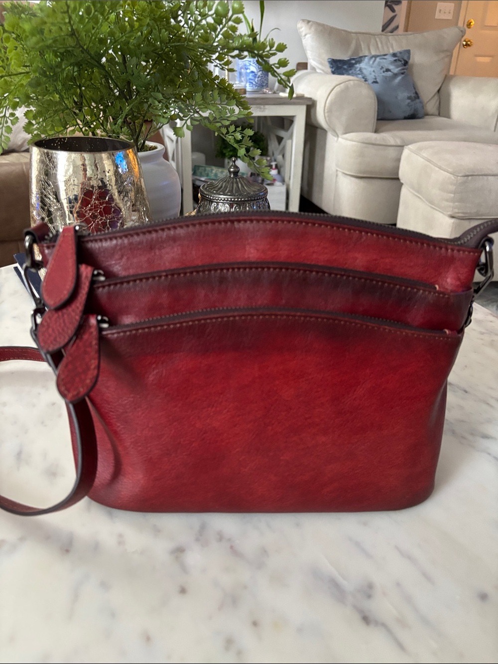 Women's Heshe Red Leather Crossbody Bag with Triple Zip Detail new